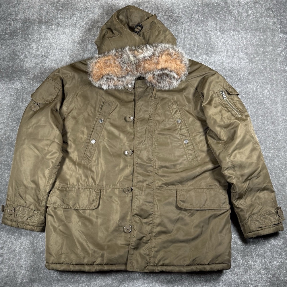 Vintage GAP Parka Men's Large Olive Green Snorkle Full Zip Military Faux Fur